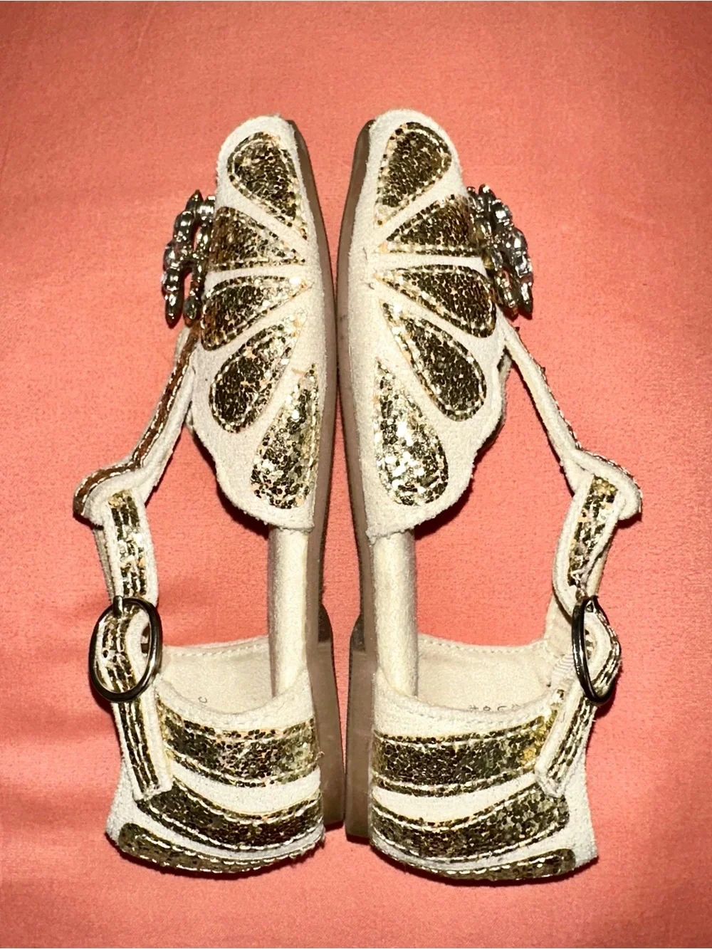 Joyfolie Gold Glitter Mari Flat Sandals Rhinestone Flower Girl Dress Shoe 9T